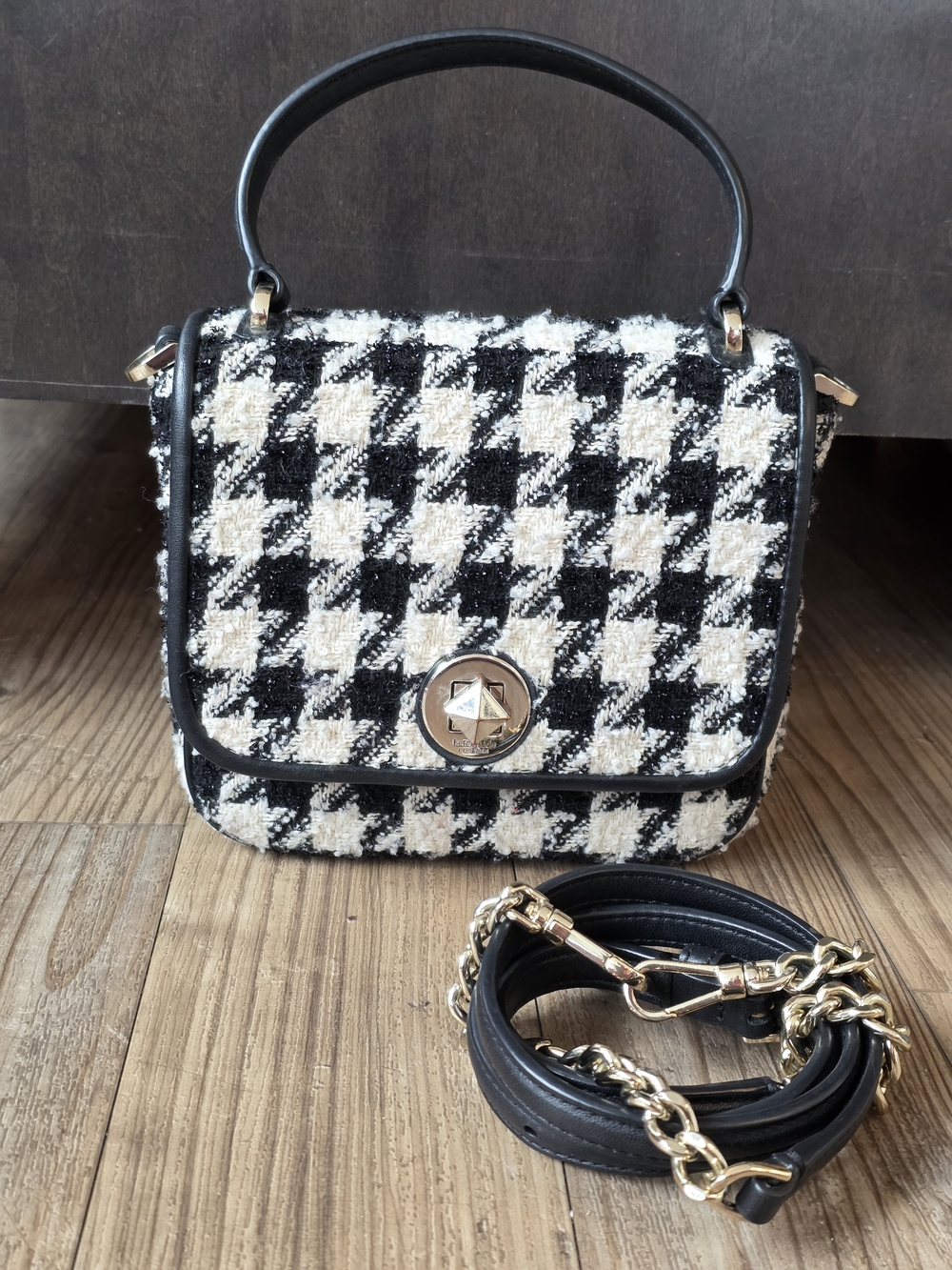 Kate Spade Natalia Square Crossbody in Black and White Houndstooth
